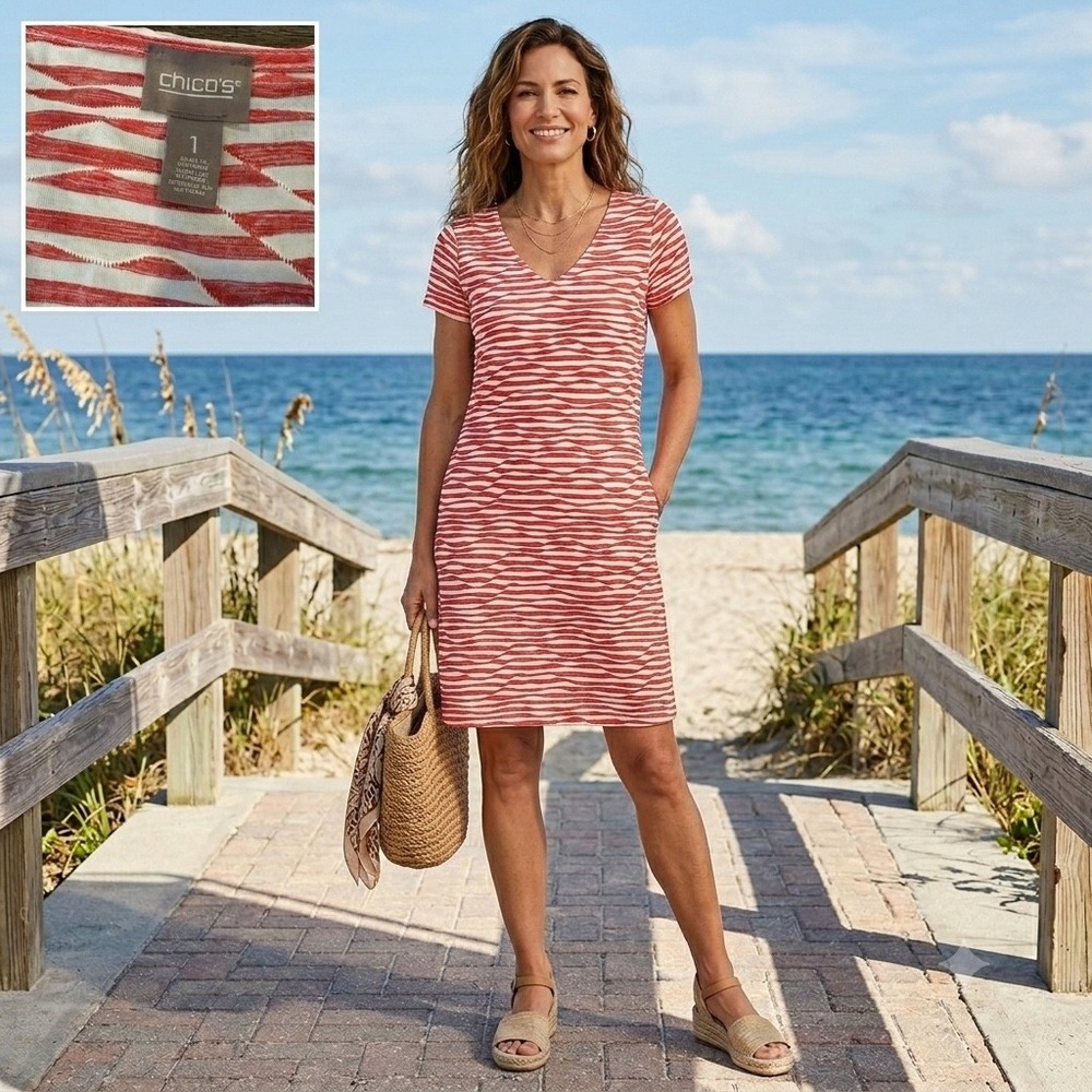 Chicos Red White Textured Stripe V-Neck T-Shirt Dress Short Sleeve Size 1 Medium